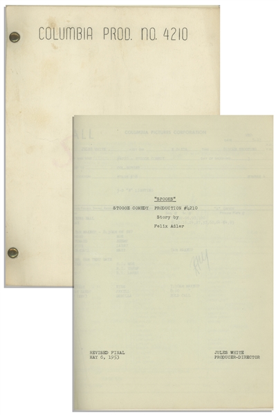 Moe Howards 22pp. Script Dated May 1953 for The Three Stooges Film Spooks! -- With Annotations in Moes Hand Including His Signatures, & Additional 2pp. Shot List & Call Sheet -- Very Good